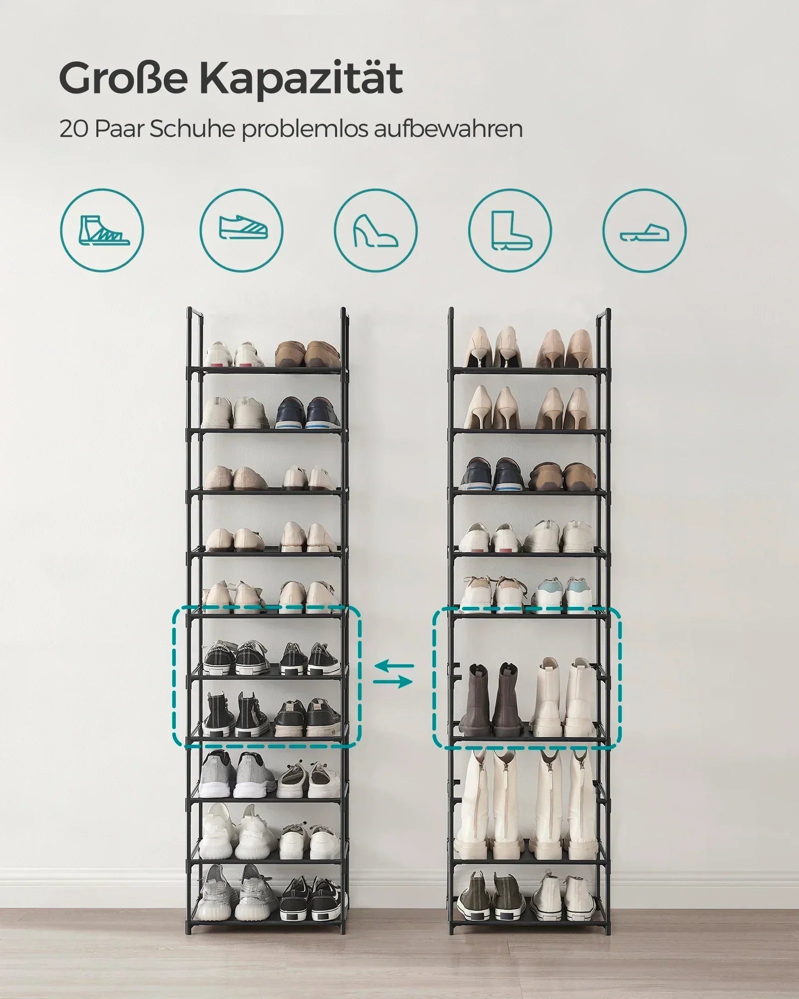 Metall Schuhschrank | Schlanker Schuhregal | Platzsparende Schuhaufbewahrung | StahlLine