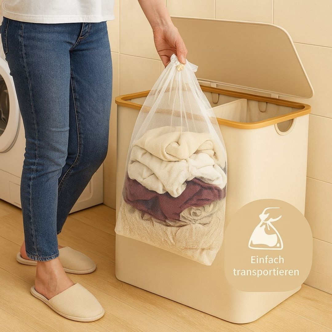 Wäschekorb mit Deckel | Wäsche Sammler mit 3 Fächern in Schwarz, Beige & Grau | LaundryBox