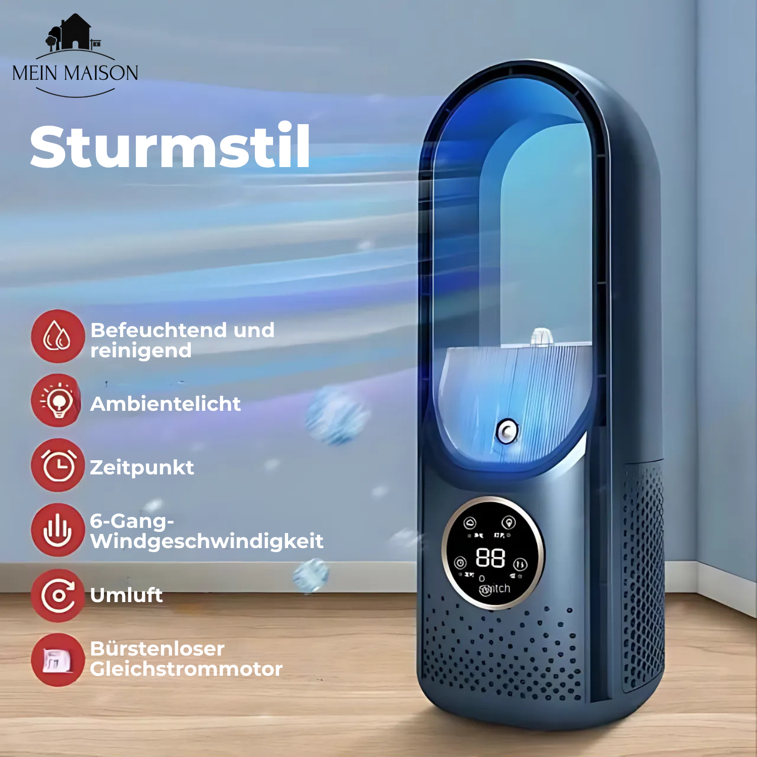 Airevo Luftkühler | Bladeless USB Ventilator | 6 Geschwindigkeiten | Leise & Mit Timer | Luftbefeuchtung