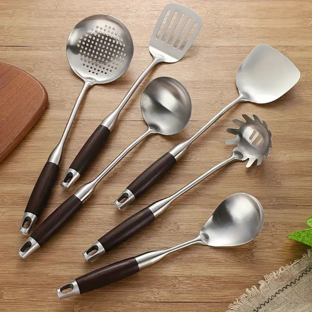 Glänzendes Edelstahl Holzutensilien-Set | 6-teilig