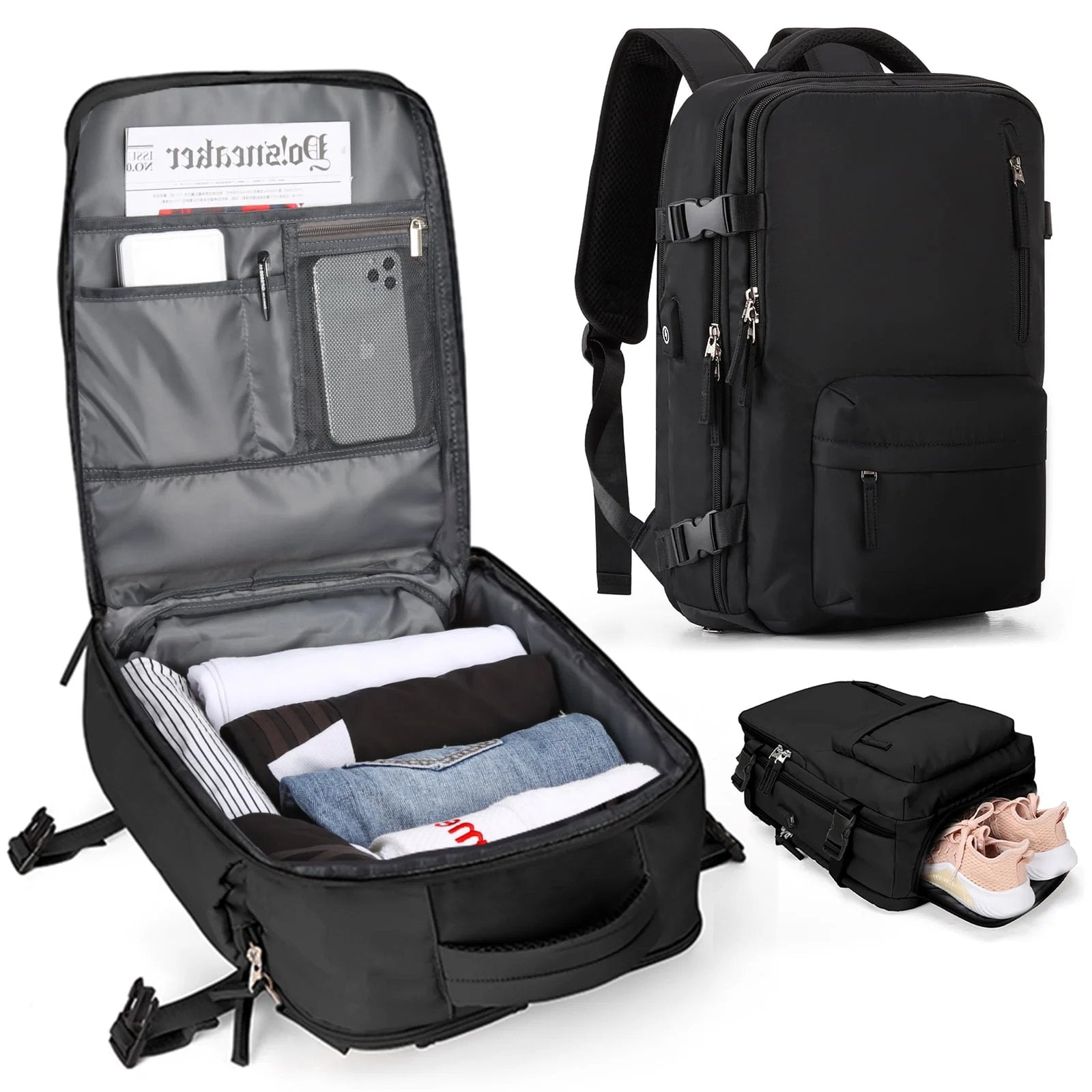 Travelliva Damen Reise-Rucksack 35 L | Wasserdicht & mit USB-Anschluss | Diebstahlschutz & Schuhfach | Für Wandern, Alltag & Reisen